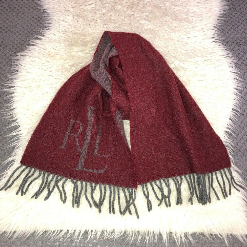 Lauren RALPH LAUREN Wool Red Gray 100% Virgin Lambswool Fringe Logo Italy